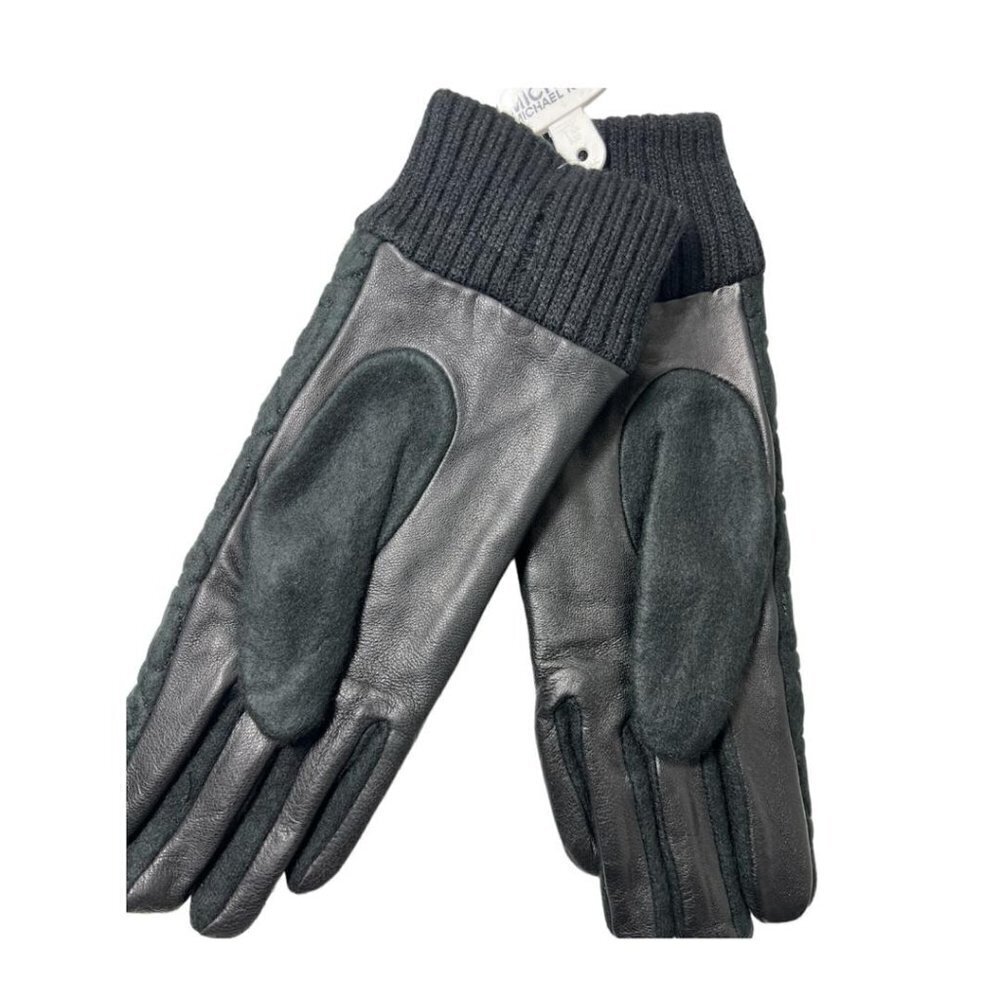 Michael Kors Logo Womens Black Quilted Knit Leather Trim Gloves Sz M New - Picture 3 of 6